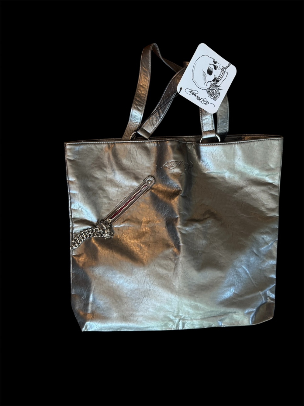 Ed Hardy Metallic Silver Tote Bag - Stylish Everyday Carry NWT